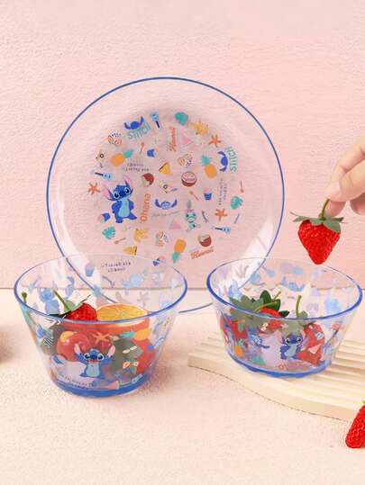 Disney 1件迪士尼史迪奇卡通印花碗碟餐具，可盛放零食/沙拉/水果/甜点/开胃菜，透明水晶盘，美观耐用，适合居家、生日、圣诞节、户外用餐，也是馈赠佳品。