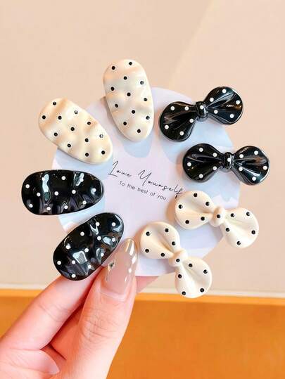 8pcs/Set Retro Polka Dot Bow Hair Clips, Provide Milky White + Black Polka Dot, Solid Black + White Polka Dot Two Color Options - Suitable For Women, Can Be Worn Safely For Daily Commute And Sports