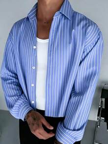 Men's Single-Breasted Casual/Commute Striped Short Sleeve Shirt - Blue - View 3