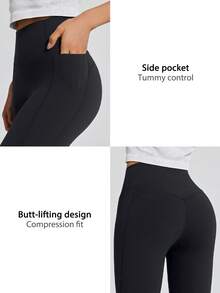 Leorrey 1pc Women's Fashionable High Waist Shaping Elastic Waistband Sports Pants With Side Pockets - Black - View 4
