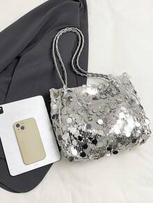 优雅小众设计银色亮片手提包，时尚百搭休闲通勤单肩/腋下包，春夏新品 - 銀色 - 查看 7