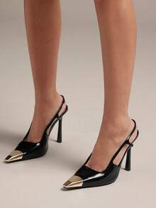 Hauture 优雅女士黑色漆皮露跟尖头金属鞋头方头细高跟鞋性感春夏度假派对鞋 - 黑色 - 查看 2