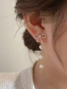 蝴蝶流苏耳环，新款微镶锆石二合一耳钉，优雅时尚女士耳环 - 銀色 - 查看 1