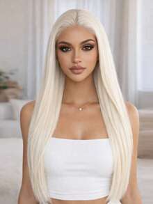 13*4 Spitze Synthetische Perücken Platin Weiß Lang Gerade Hitzebeständiges Haar Perücke für 30 Zoll 150% Dichte, Hochzeitsperücken, modische Party Perücken, Alltagsperücken, erschwingliche und realistische Perücken, Muttertags Perücken - Silber - Übersicht 1