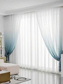 Cortina traslúcida con degradado azul nórdico, elegante y de lujo, con ganchos multifunción en la parte superior, adecuada para sala de estar, dormitorio, estudio, balcón, ventana de bahía, entrada y decoración del hogar en apartamento - Azul y blanco - Ver 8