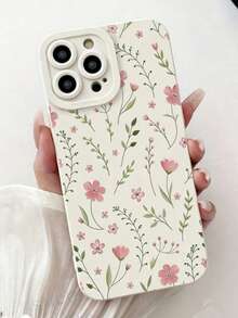 1pc Fashion Creative Full-Screen Pink Flower & Green Leaf Painted Pattern TPU Shockproof Phone Case, Suitable As Holiday Gift Compatible With Apple Xs/Xsmax/Xr/11/12/13/14/14plus/15/15plus/16/16plus/17/17pro/7/8plus And Other Models - Multicolor - View 1