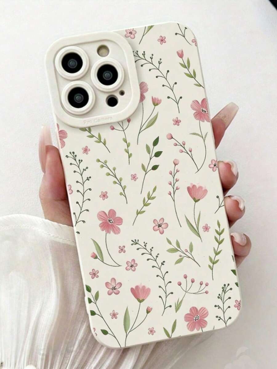1pc Fashion Creative Full-Screen Pink Flower & Green Leaf Painted Pattern TPU Shockproof Phone Case, Suitable As Holiday Gift Compatible With Apple Xs/Xsmax/Xr/11/12/13/14/14plus/15/15plus/16/16plus/17/17pro/7/8plus And Other Models - Multicolor - View 1