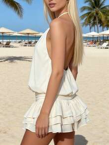 Women Y2k Halter Neck Mini Dress Sleeveless Open Back Tie Sundress Ruched Pleated Layered Ruffle A-Line Short Dress Beach Vacation Cocktail Club Party Clothes - trắng - Xem 5