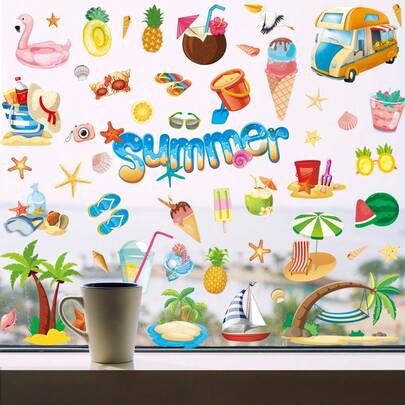 9 piezas Pegatinas estáticas de ventana de estilo veraniego para la playa - Reutilizables sin pegamento ni residuos, con diseños de palmeras tropicales, piñas y flamencos. Decoración de ventana con temática de playa para el hogar, tienda, cocina y dormitorio