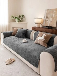 1pc Solid Color Chenille Sofa Cushion Cover, Minimalist Starry Floral Pattern, Anti-Slip Anti-Scratch Sofa Protector, Home Decor For All Seasons, Fits 1/2/3/4 Seater Sofa - Dark Grey - View 4