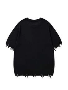 Men's Casual Street Style Graphic Distressed Fringe Loose Fit Lightweight Crew Neck Short Sleeve Knit Sweater, Black, Spring/Summer - Black - View 3