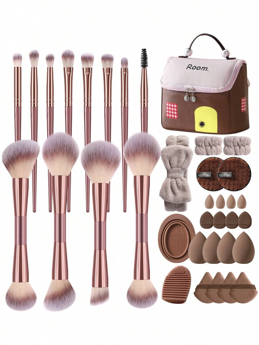36PCS Makeup Tools Set Including:12PCS Makeup Brush Set+4PCS Makeup Sponges+4PCS Triangle Powder Puffs+4PCS Mini Makeup Sponges+4PCS Mini Air Cushion Powder Puffs+2PCS Facial Cleansing Sponges+2PCS Makeup Brush Cleaning Tools+2PCS Hand Bowl Strap+1pc Hairband+1pc Storage Bag - Multicolor - View 1