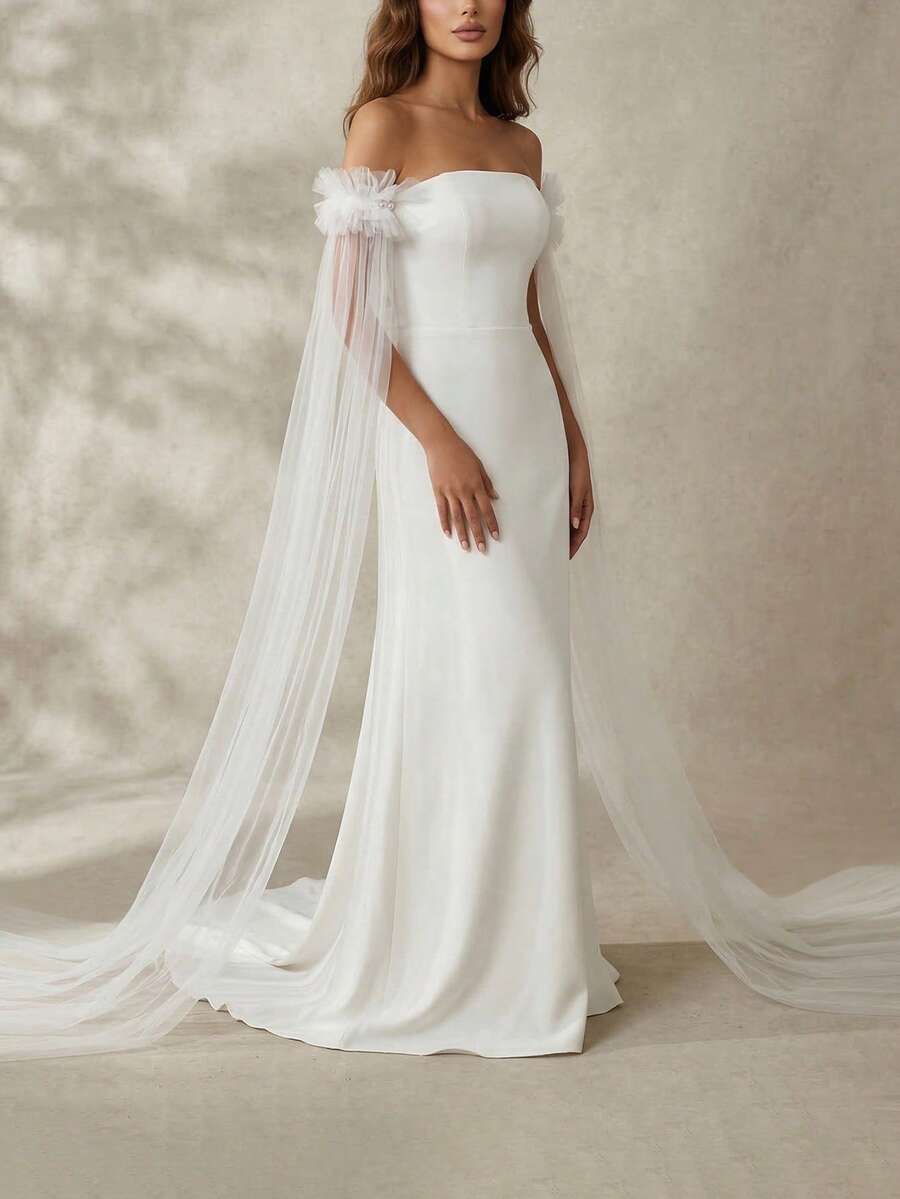 1 对白色薄纱新娘袖口，适合花园婚礼、蜜月写真、派对仪式等场合，多功能弹性设计