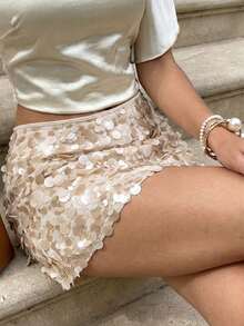 女士优雅香槟色大亮片圆盘迷你裙，时尚性感派对裙 - 杏色 - 查看 10