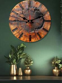 1pc 10"/12" 2D Flat Vintage Wooden Clock With Tree Rings Pattern - Round Wooden Wall Decor With Classic English Numbers, Suitable For Home Decor, Retro Style Wall Clock - B - View 1