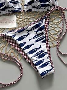 2pcs Retro Floral Colorblock Plaid Print Bikini Swimwear, Suitable For Beach, Pool, Cruise, Party In Spring And Summer Vacation - White-based Blue Fish - View 5
