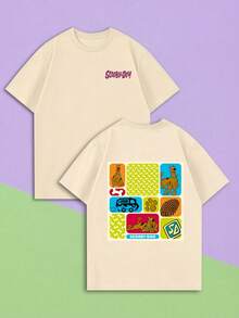 Whysmera SHEIN X SCOOBY-DOO Casual Crew Neck Short Sleeve T-Shirt, Fun Cartoon Dog & Paw Print, Flower Van Grid Elements Combo Print - Apricot - View 2
