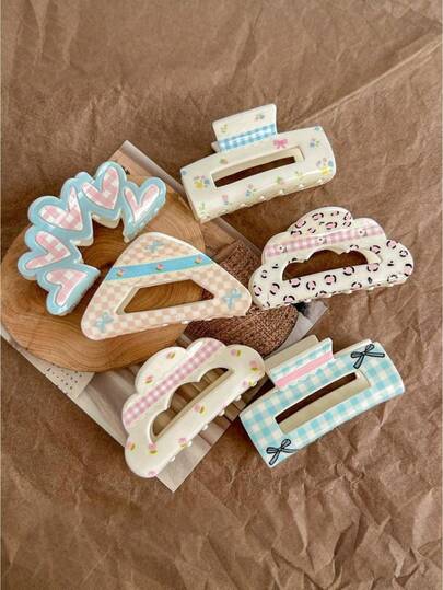 Cream Girl Series Floral Plaid Hair Clips, Bowknot Acrylic Hair Claw Clips For Updo Hairstyles