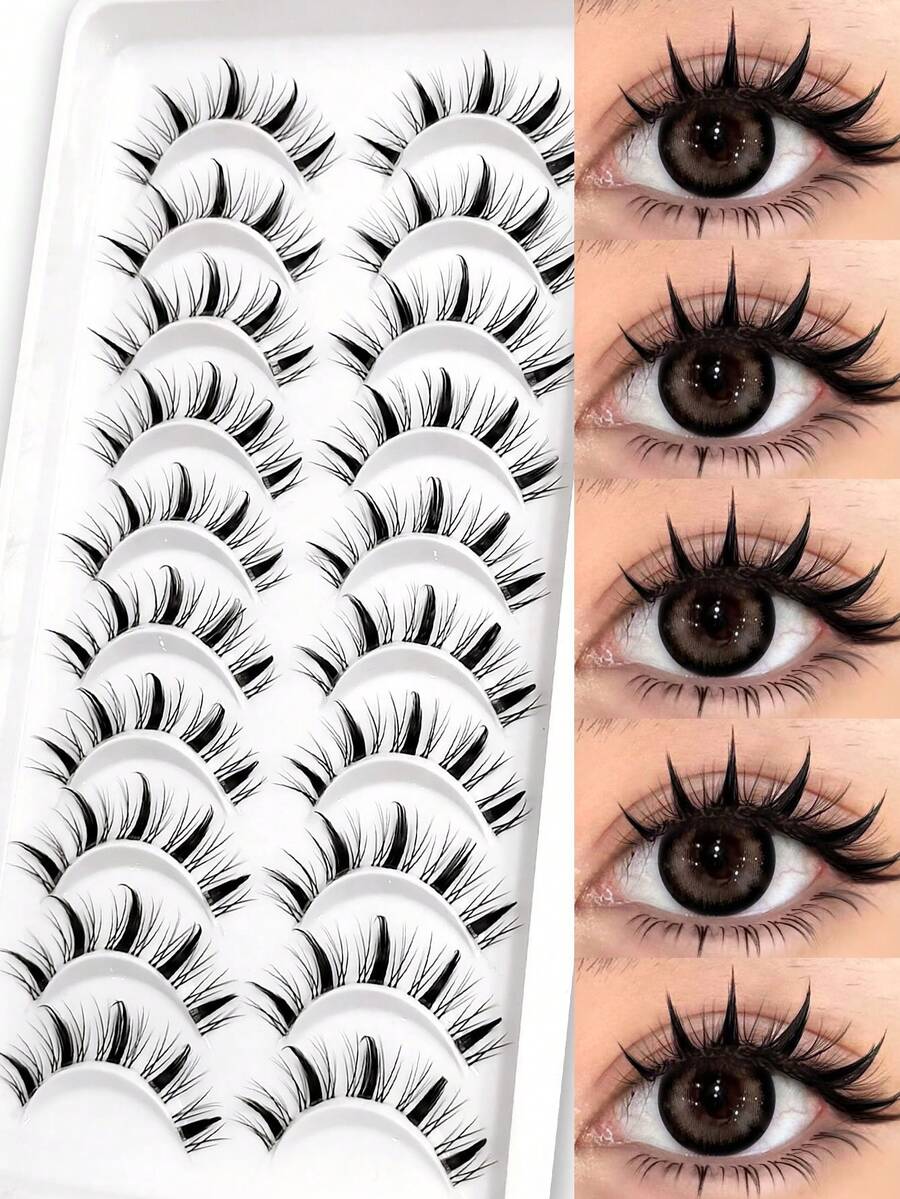 Asiteo 10 Pairs Anime Style False Eyelashes - Delicate & Soft, Reusable, Lightweight & Natural, Faux Mink Lashes, Suitable For Dramatic Eye Makeup, Cosplay And Role-Playing (Suitable For Beginners) - 黑色 - 查看 1