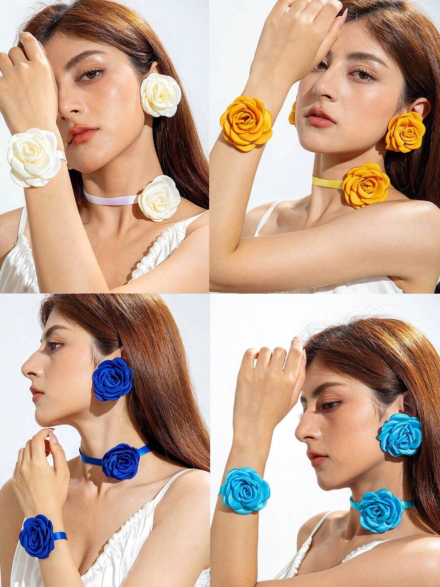 imoli Bộ 3 món phong cách Bohemian bằng polyester, gồm bông tai, vòng tay và dây chuyền hình hoa hồng 3D, món quà tuyệt đẹp dành cho phụ nữ đi nghỉ mát ở bãi biển.