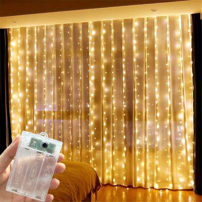 300颗LED灯珠，3x3米窗帘灯，电池供电（不含电池），8种模式，卧室窗帘灯，花环灯，节日装饰，派对装饰，生日装饰