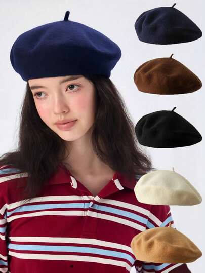 Mũ nồi cho nữ mùa thu và hè, mũ nồi bí ngô kiểu Hàn Quốc thanh lịch đang được ưa chuộng, mũ len ấm áp kiểu Nhật Bản, mũ nồi mùa đông đa năng, mũ họa sĩ kiểu Nhật Bản cổ điển với phần đầu rộng.