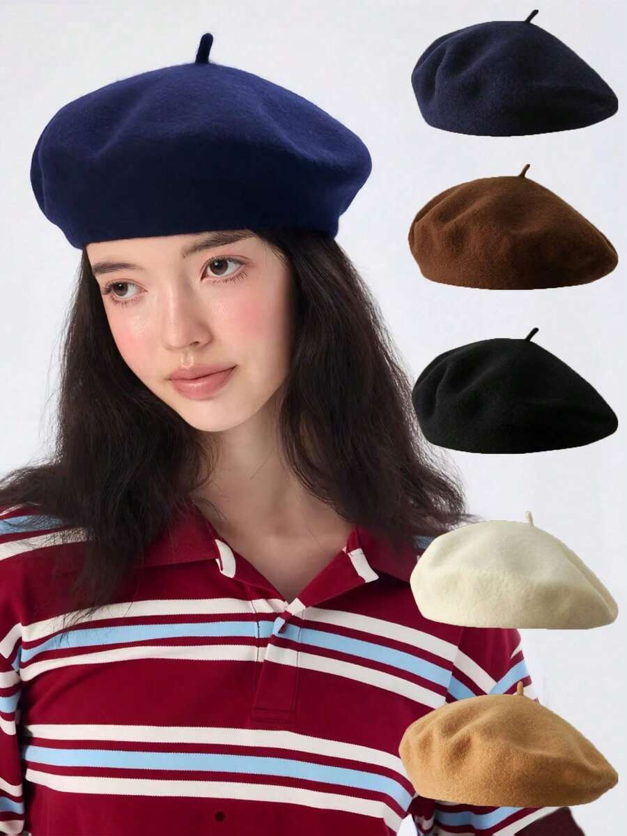 1件女款夏季貝雷帽,韓式優雅南瓜貝雷帽,百搭冬季貝雷帽,藝術復古大廓形畫家帽 - 彩色 - 查看 1