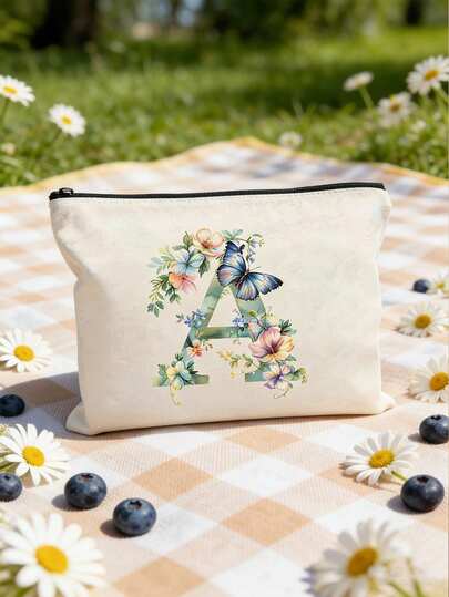 1 chiếc túi đựng mỹ phẩm hình bướm và hoa chữ cái A-Z, túi in họa tiết chữ cái đơn giản, dễ thương, phong cách retro, túi đựng đồ dùng cá nhân, túi xách tay, túi gấp gọn nhẹ, túi mua sắm đơn giản, thích hợp để đựng mỹ phẩm cá nhân khi đi du lịch, quà tặng giáo viên, quà Phục sinh, quà Ngày của Mẹ, quà tốt nghiệp, quà cưới.