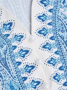 abyoxi 女士蓝色长袖V领单排扣A字摆长连衣裙，复古优雅，适合节日、正式晚宴，春夏长款连衣裙 - 藍色 - 查看 8