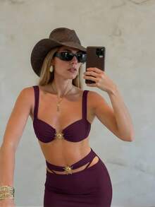 Conjunto de 3 piezas de bikini de estilo europeo sexy para mujer, para vacaciones de verano - Color caoba - Ver 3