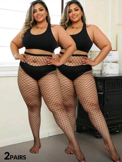 Plus Size Black Fishnet Tights, High Stretch Hollow Out Pantyhose, Gothic Fashion Versatile For All Seasons