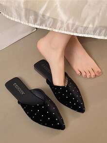 1双女士粉色水钻尖头平底拖鞋，休闲优雅风格黑色舒适百搭拖鞋 - 黑色 - 查看 3