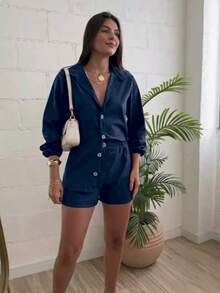 Combination Set Consisting Of A Long-Sleeved Top And Shorts. - Navy Blue - View 2