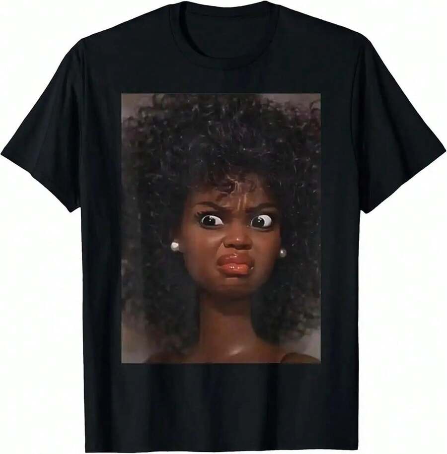 Funny Angry Disgusted African American Black Doll Face Meme T-Shirt - Black - View 1