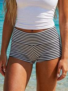 Womens Fold Over Shorts Stripe/ Dots Print Elastic Waist Low Rise Y2k Lounge Shorts Foldover Cute Pajama Micro Bottoms Mini Shorts Loungewear Summer Casual Skinny Pj Bottom Sleep Shorts - màu đen - Xem 5