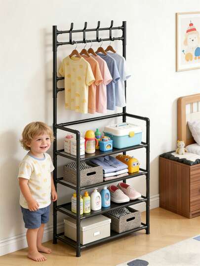 1 kệ đựng đồ hai tầng cho phòng trẻ em, có 4 bánh xe để dễ di chuyển, phù hợp cho phòng trẻ sơ sinh, nhà trẻ, phòng ngủ, gia đình, có chức năng lưu trữ.