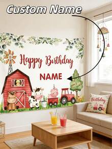 Personalized Farm Theme Birthday Party Backdrop, Customized Happy Birthday Banner With Barn And Animals, Outdoor Summer Party, Back To School - Multicolor - View 3