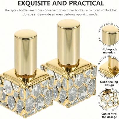 6个10毫升/0.34盎司防漏奢华复古玻璃喷雾瓶套装，金色浮雕方形立方体设计，光泽亮丽，可重复灌装的空香水喷雾器，旅行装超细雾化喷雾器，适用于精油香薰，可放入钱包口袋，旅行洗漱用品，节日生日礼物，送给女性和香薰爱好者的理想之选。