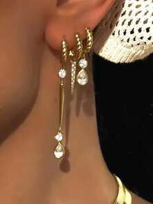 rundraw 2/6pcs New Round Hoop Water Drop Cone-Shaped Zirconia Inlaid Pendant Earrings, Elegant Copper Gold Color Women's Earrings, Suitable For Party, Evening Gala, Ball, Daily Outfit Accessory, Best Gift For Friends And Lovers On Holidays And Anniversaries - Gold - View 2
