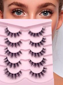 5 pares de pestañas postizas ENCHUW esponjosas, suaves, finas y de rizos naturales con banda transparente, pestañas postizas de maquillaje reutilizables adecuadas para vacaciones - Negro - Ver 1