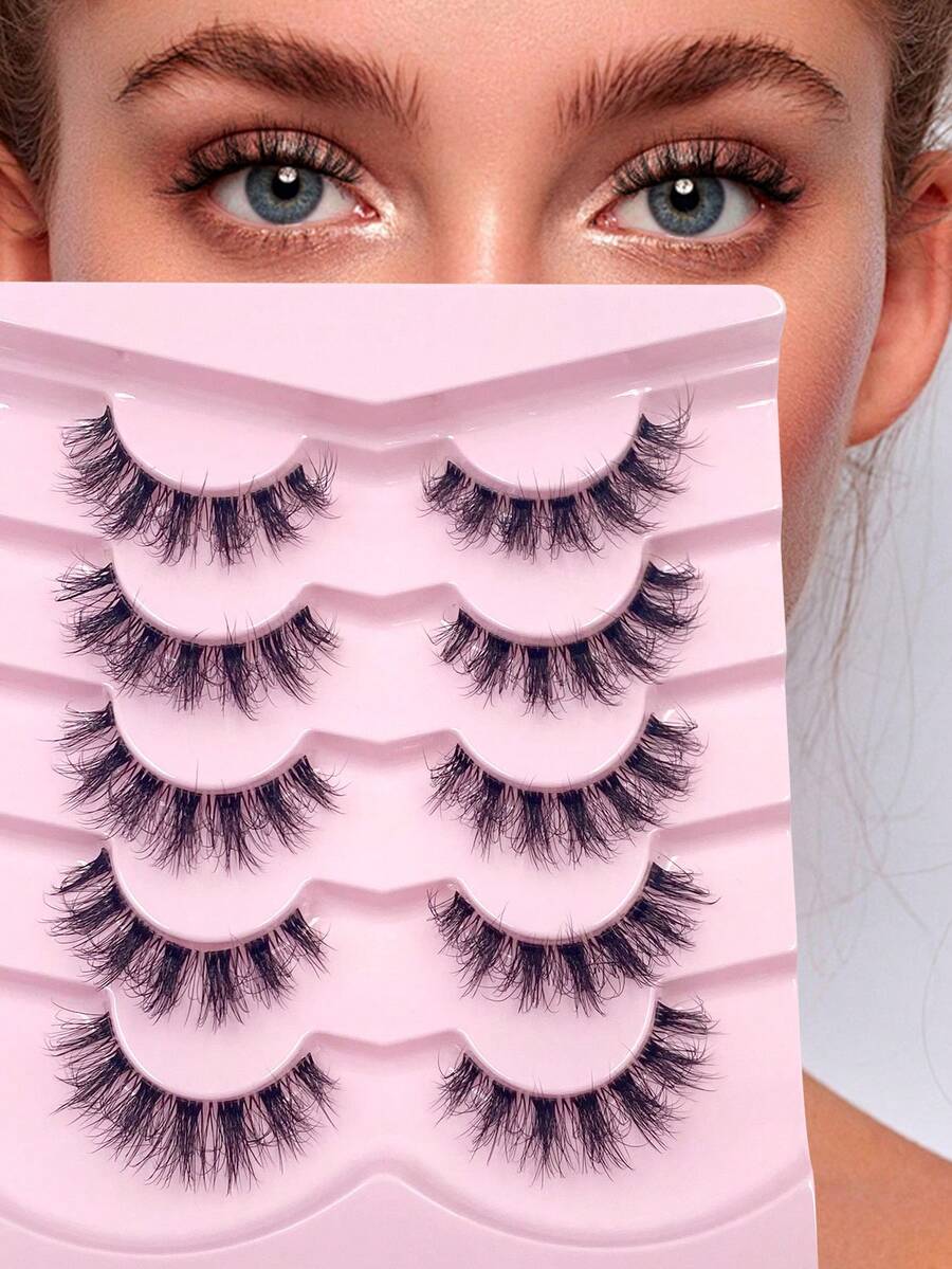 5 pares de pestañas postizas ENCHUW esponjosas, suaves, finas y de rizos naturales con banda transparente, pestañas postizas de maquillaje reutilizables adecuadas para vacaciones - Negro - Ver 1