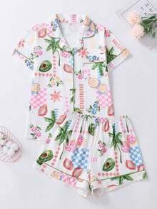 2pcs/Set Women Flower & Leaf Print Casual Pocket Button Pajama Set, Suitable For Summer And All Seasons - Apricot - View 2