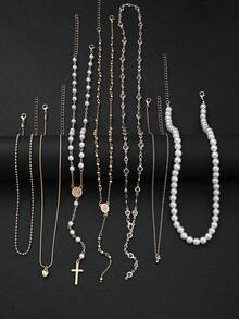 3/7件套时尚简约优雅波西米亚风仿珍珠水晶十字心形吊坠项链套装，适合女性度假、派对、宴会、节日、生日、日常佩戴 - 金黃色 - 查看 7