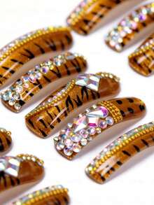 10PCS Handmade Tiger Print Curve Press On Nails Gold Base With Iridescent Rhinestones And Assorted Gem Decor High-Gloss Finish Salon Grade Reusable No File Needed Perfect For Festivals And Parties Ideal Gift For Bold Style Enthusiasts Summer Easter - 橘色 - 查看 7