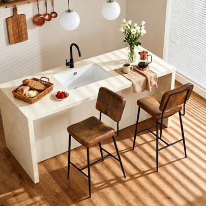 Meubles Cosy Conjunto de 2 cadeiras de cozinha em tecido camurça marrom, estrutura metálica, estilo industrial urbano, apoio para os pés e pés ajustáveis para balcão ou ilha de cozinha.