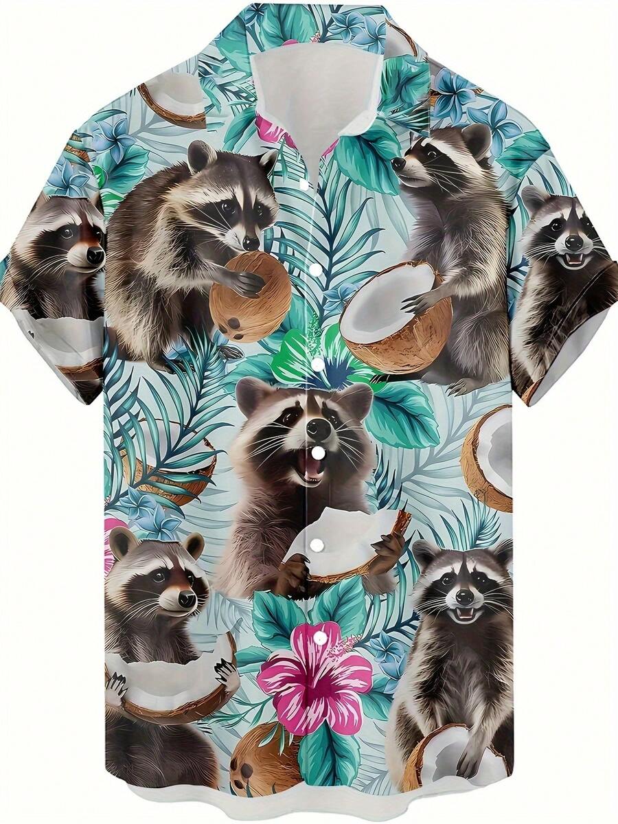 Playful Raccoons Holding Coconuts Among Tropical Leaves And Hibiscus Flowers Create A Joyful Island Vibe 3D Print Hawaiian Style Men's Short Sleeve Button Up Shirt - trắng - Xem 1