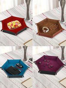 1pc PU Leather Velvet Folding Storage Tray, Hexagonal Dice Tray, Dice Holder Storage Box, Plain Desktop Storage Basket For Dice Games - A - View 6