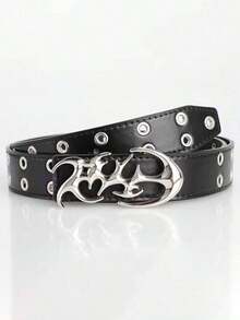 New Punk Style PU Leather Hollow Belt - A Unique Gift Or Accessory With A Vintage, Casual, Luxurious, And Asymmetrical Alloy Buckle. It's A Versatile Piece For Autumn And Winter, Suitable For Teenagers And Young Men. Ideal For Casual Wear, Outdoor Activities, Sports, Vacations, Graduation Gifts, Birthday Presents, And Everyday Use. - 黑色 - 查看 2