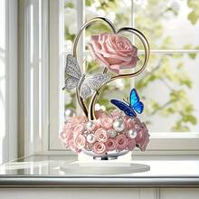1 placă decorativă cu design artistic 2D, material acrilic 2D cu trandafir romantic, fluture strălucitor și decor de perle, potrivită pentru casă, birou, cafenea, grădină, ornament versatil pentru birou, birou, rechizite de birou, decor de birou - roz - Vizualizare 5
