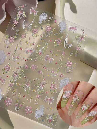 1张5D梦幻蝴蝶美甲贴纸，渐变绿色果冻蝴蝶翅膀配玉兰花瓣，蕾丝网蝴蝶结，春季美甲贴花，自粘式美甲装饰，适合派对和日常使用